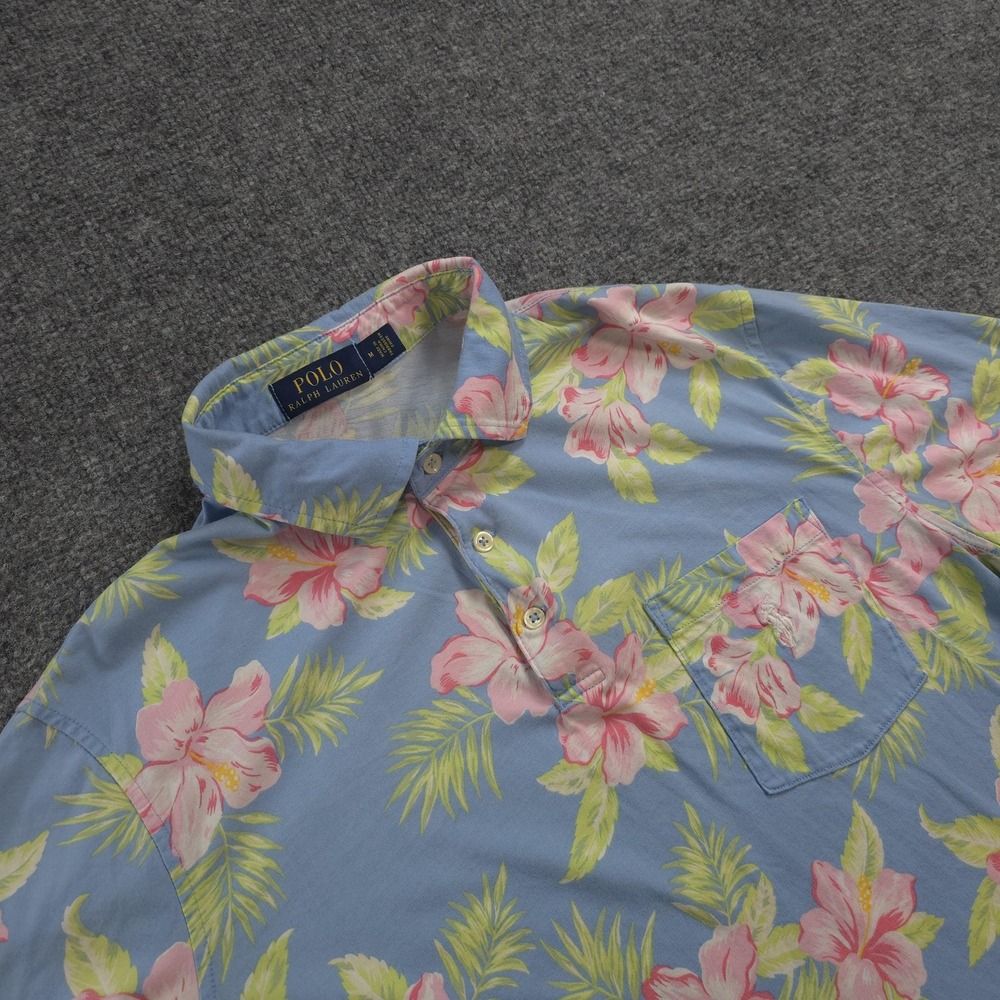 Polo Ralph Lauren Polo Shirt Mens Medium Blue Hawaiian Floral Cotton Pocket Golf